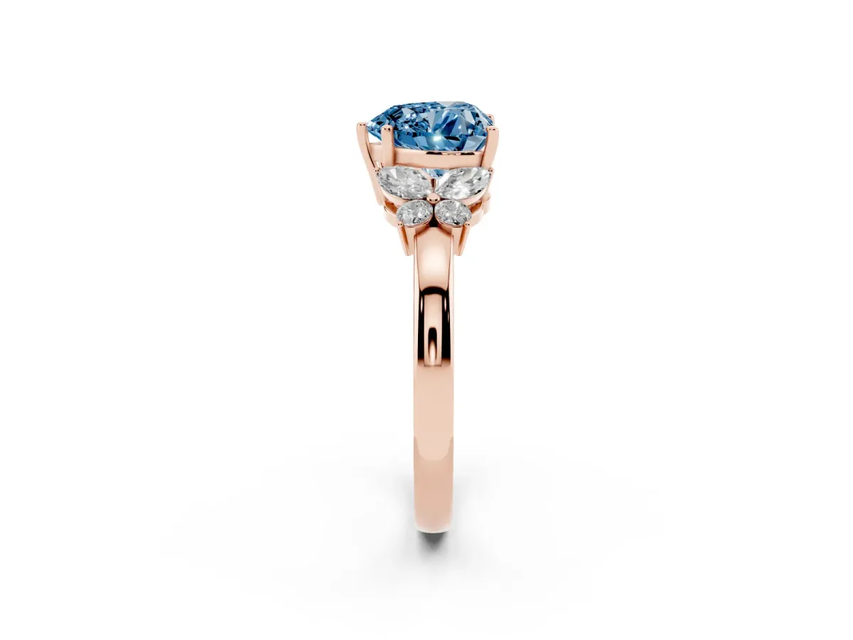 Fancy Blue Heart Cut Cut Solitaire Floral Diamond Ring with Four-Prong Setting Rose gold
