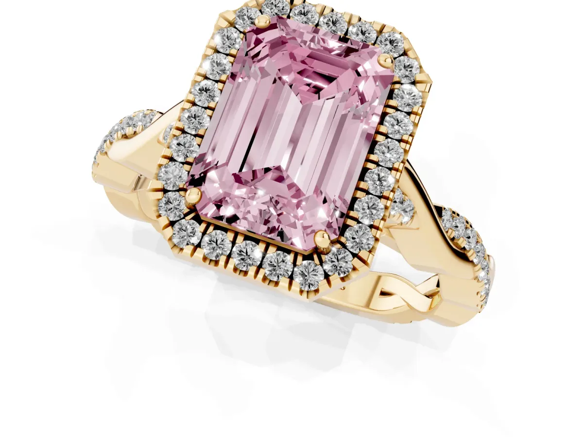 Fancy Pink Emerald Cut Halo Twist Band Solitaire Ring Yellow gold