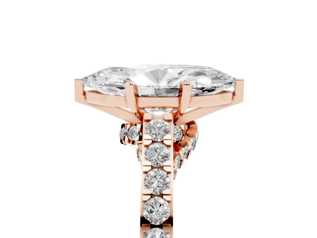 Marquise Cut Diamond Solitaire Ring with Crossover Gallery and Round Pavé Band Rose gold