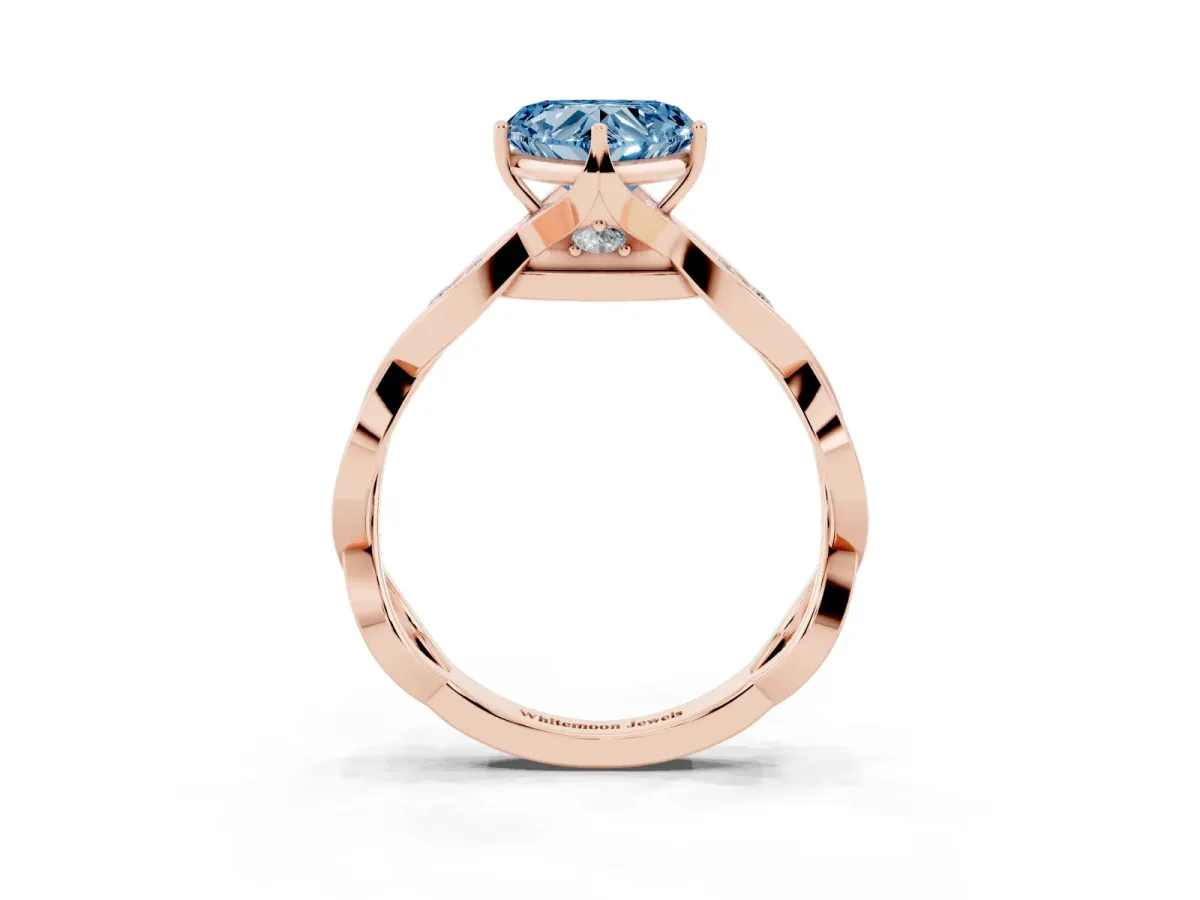 Fancy Blue Heart Cut Solitaire Twist Band with Leaf Prong Setting Rose gold