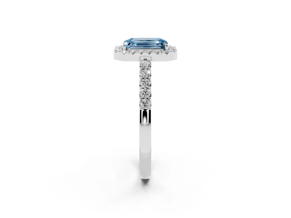 Fancy Blue Emerald Cut Halo Diamond Pavé Solitaire Ring Platinum
