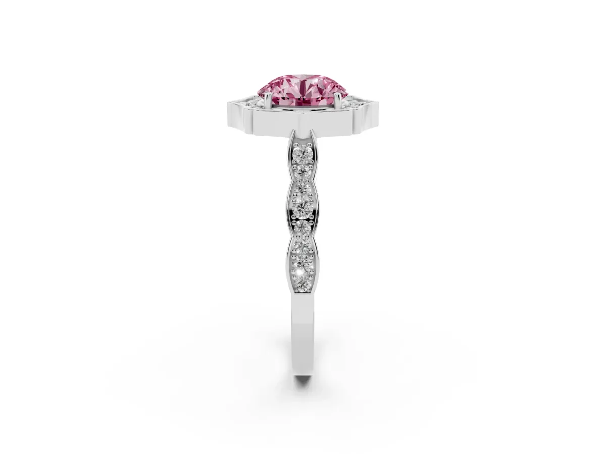Fancy Pink Round Cut Halo Diamond Engagement Ring with Milgrain Band and Four-Prong Setting Silver