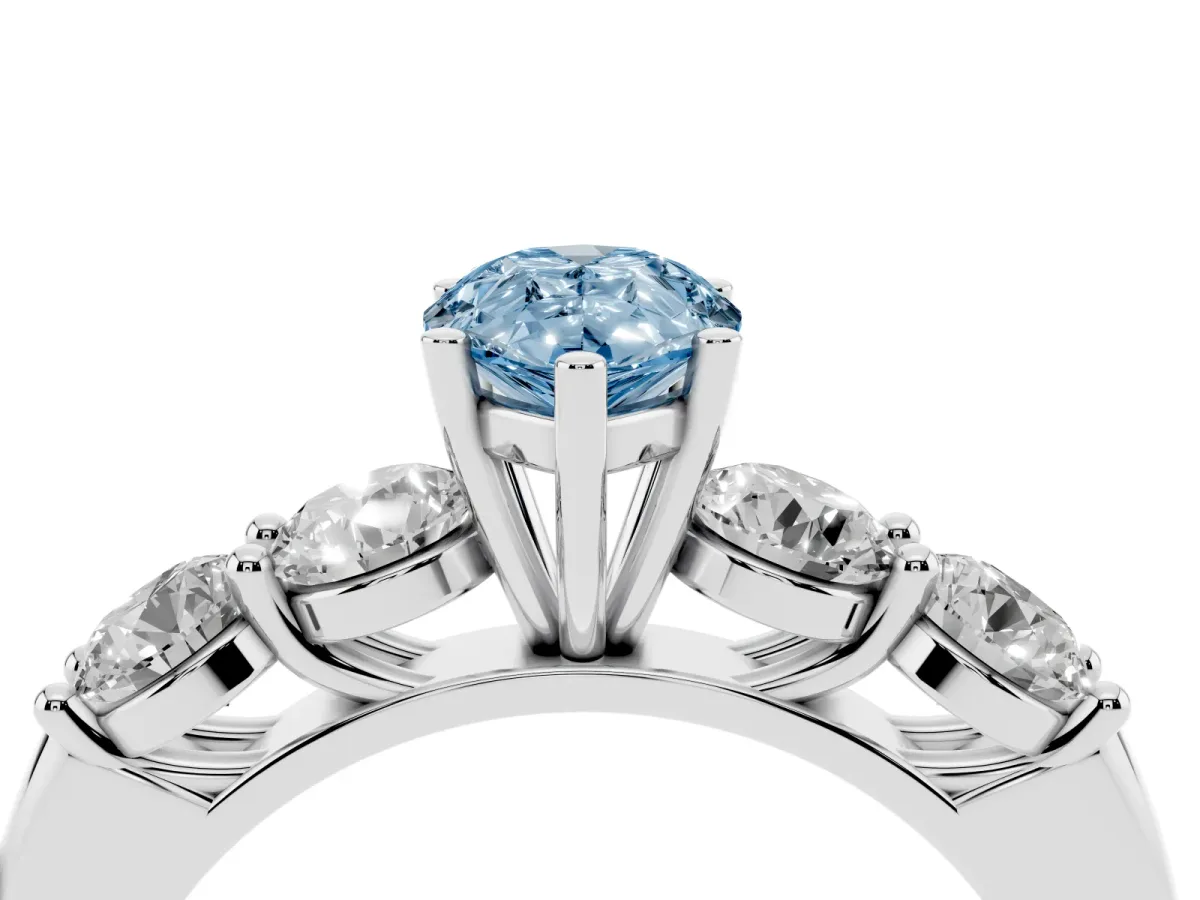 Fancy Blue Pear Cut Cut Five-Stone Prong Set Diamond Ring with Classic Band Platinum