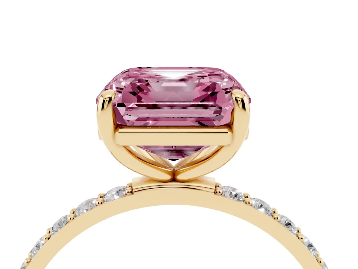 Fancy Pink Asscher Cut Diamond Solitaire Ring with Round Pavé Band and Prong Setting Yellow gold