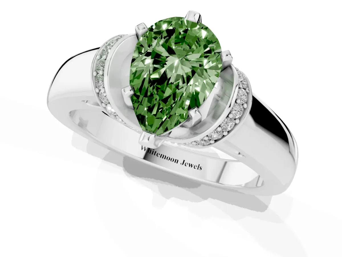 Fancy Green Pear Cut Solitaire Diamond Ring with Pave Band and Six-Prong Setting Silver