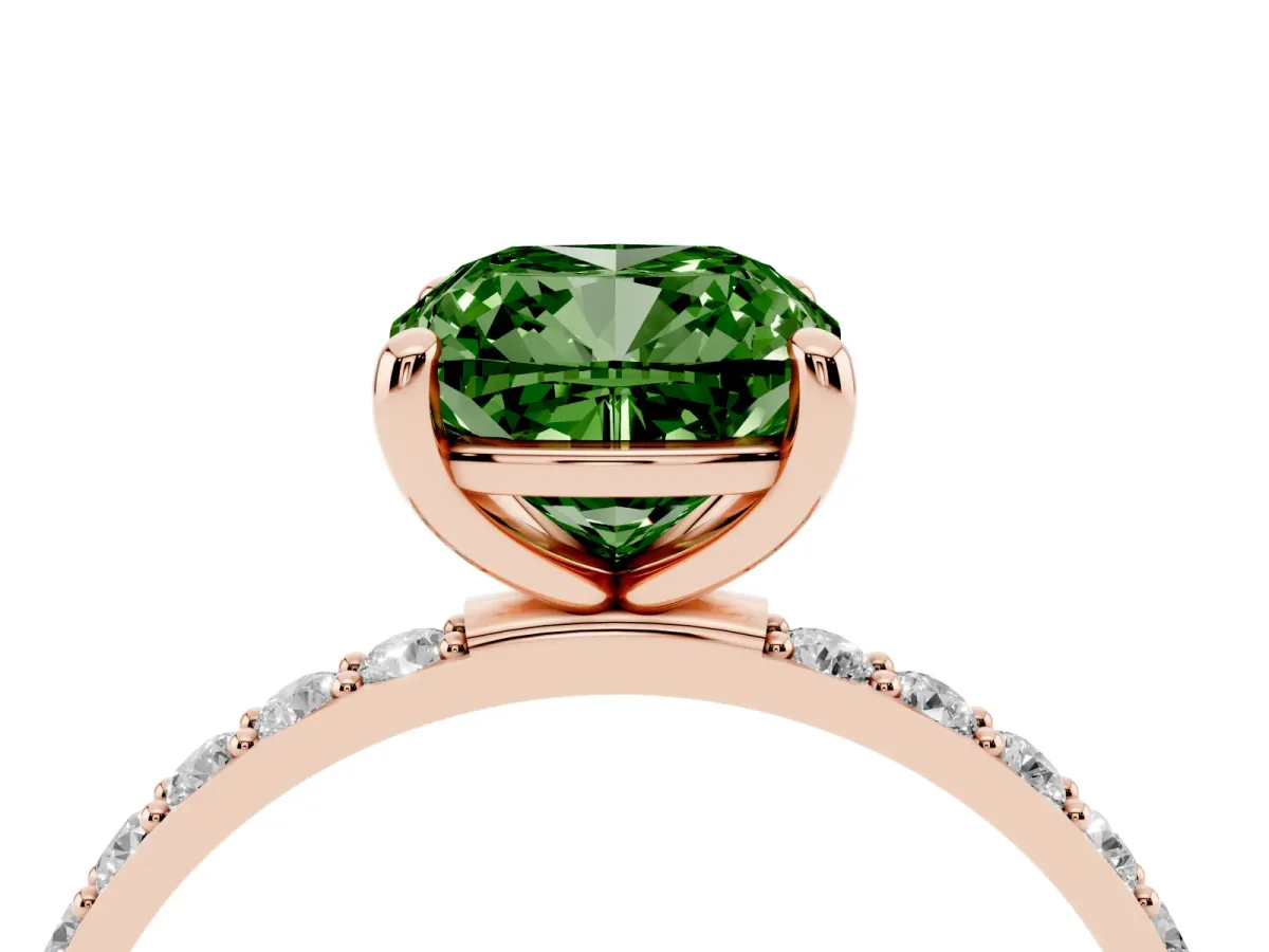 Fancy Green Cushion Cut Diamond Solitaire Ring with Round Pavé Band and Prong Setting Rose gold