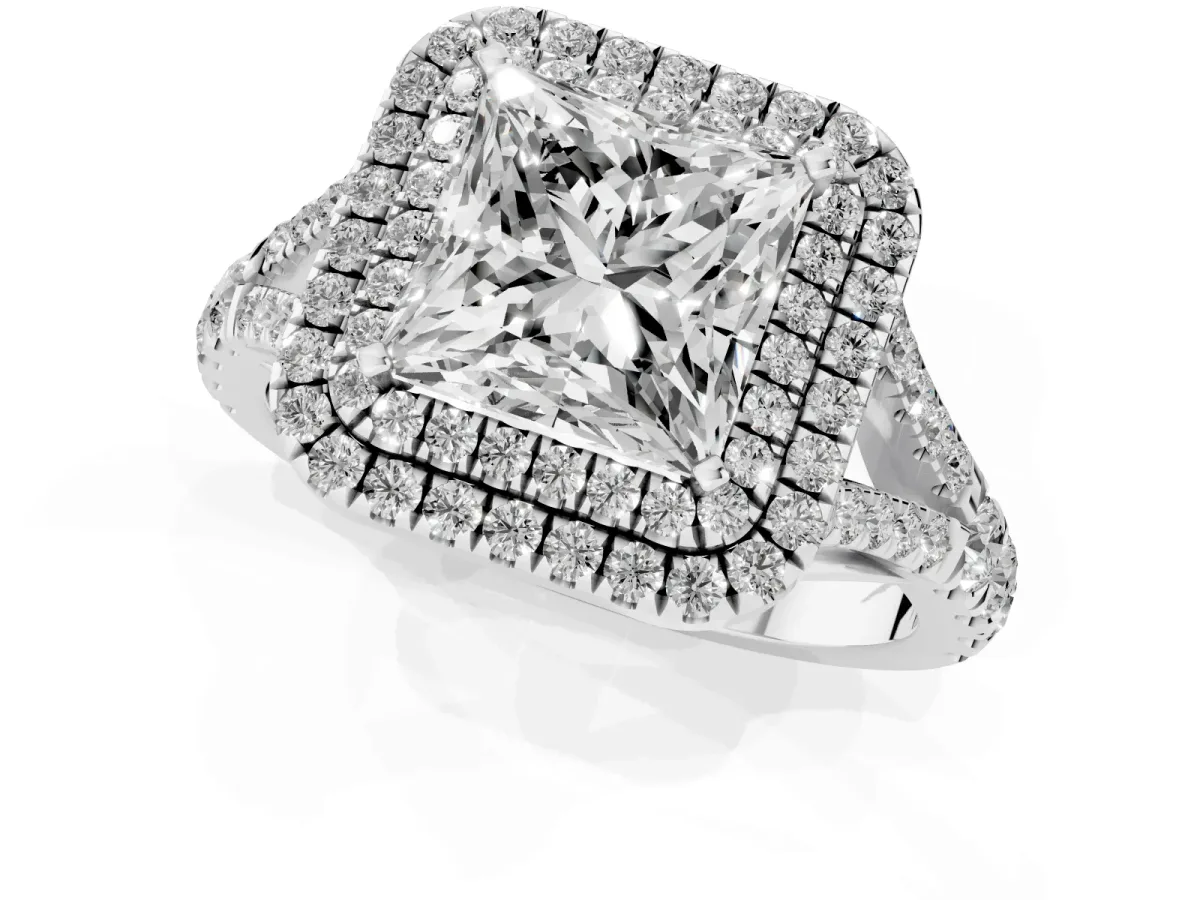 Princess Cut Diamond Pavé Split Shank Double Halo Engagement Ring Platinum