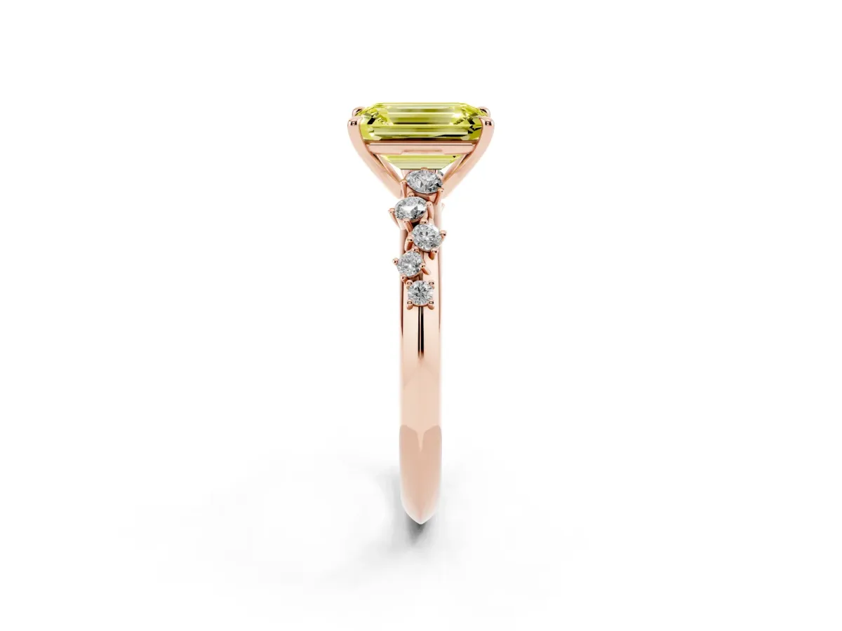 Fancy Yellow Emerald Cut Diamond Cluster Side Stone Solitaire Ring with Prong Setting Rose gold