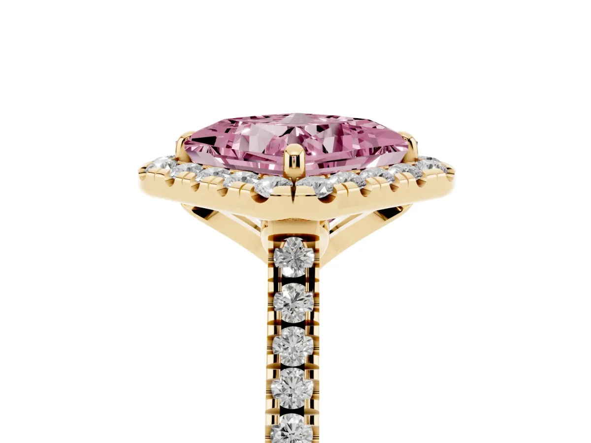 Fancy Pink Princess Cut Diamond Cushion Halo Ring with Pavé Band Yellow gold