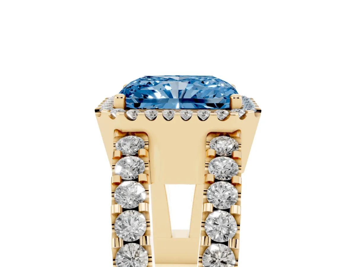 Fancy Blue Radiant Cut Cut Halo Split Shank Diamond Ring with Four-Prong Setting Yellow gold