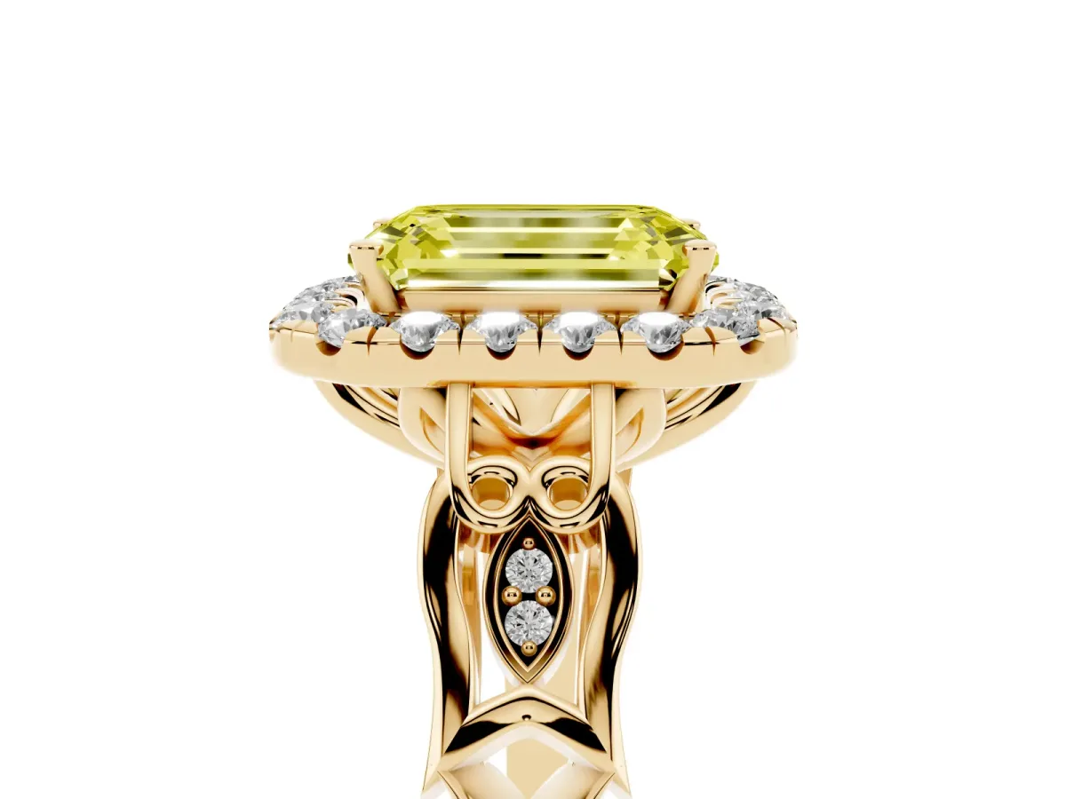 Fancy Yellow Emerald Cut Halo Diamond Engagement Ring with Filigree Band and Four-Prong Setting Yellow gold