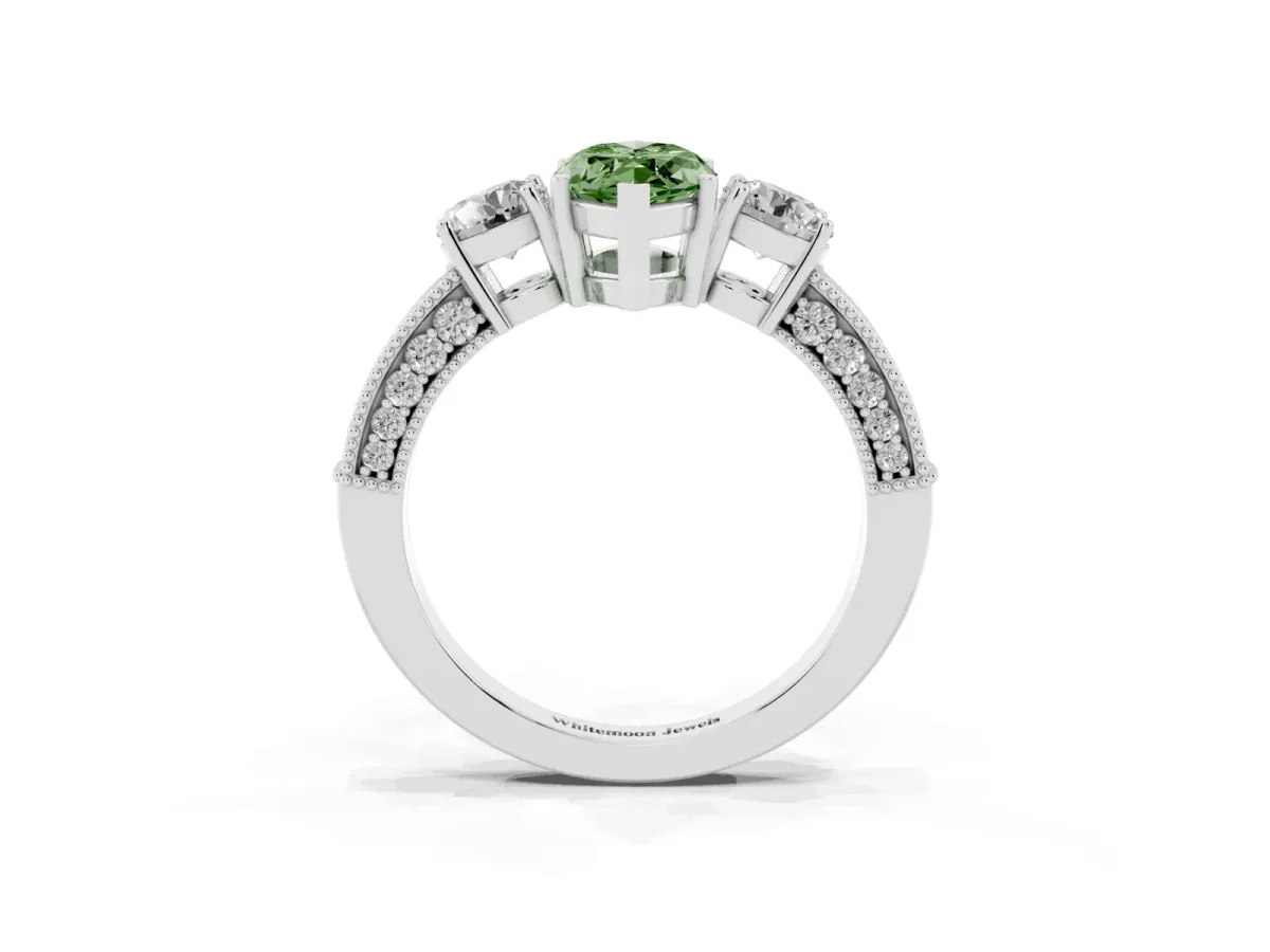 Fancy Green Marquise Cut Three-Stone Diamond Ring with Pavé Band and Four-Prong Setting Silver