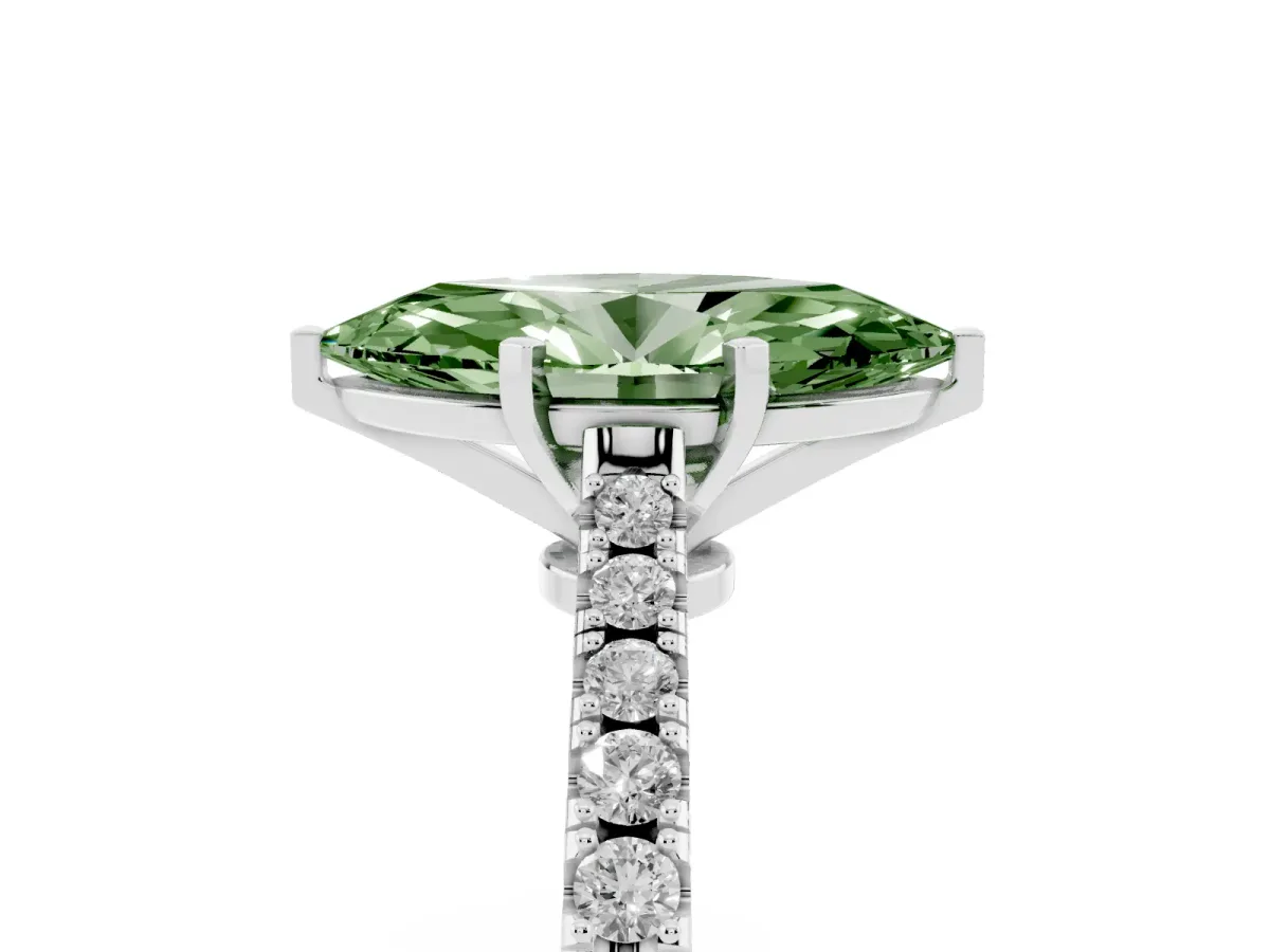 Fancy Green Marquise Cut Cut Solitaire Diamond Engagement Ring with Pave Band and Four-Prong Setting White gold