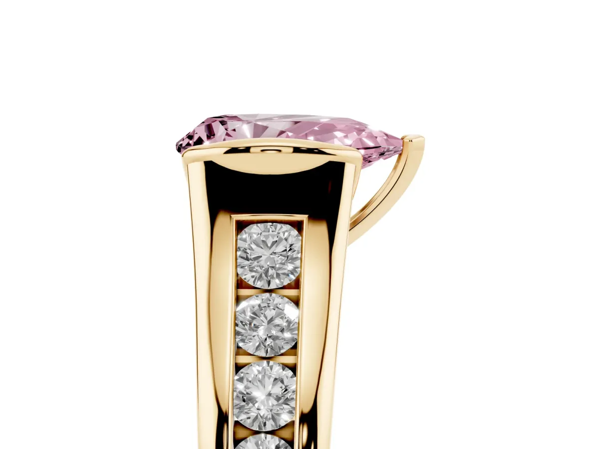 Fancy Pink Pear Cut Solitaire Bezel-Set Diamond Ring with Channel-Set Band Yellow gold
