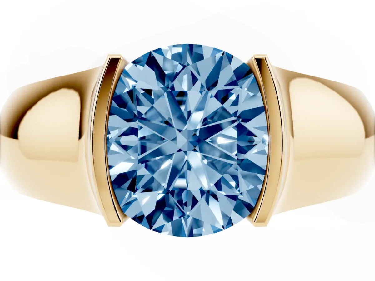 Fancy Blue Round Cut Solitaire Bezel Set Diamond Ring with Wide Band Yellow gold