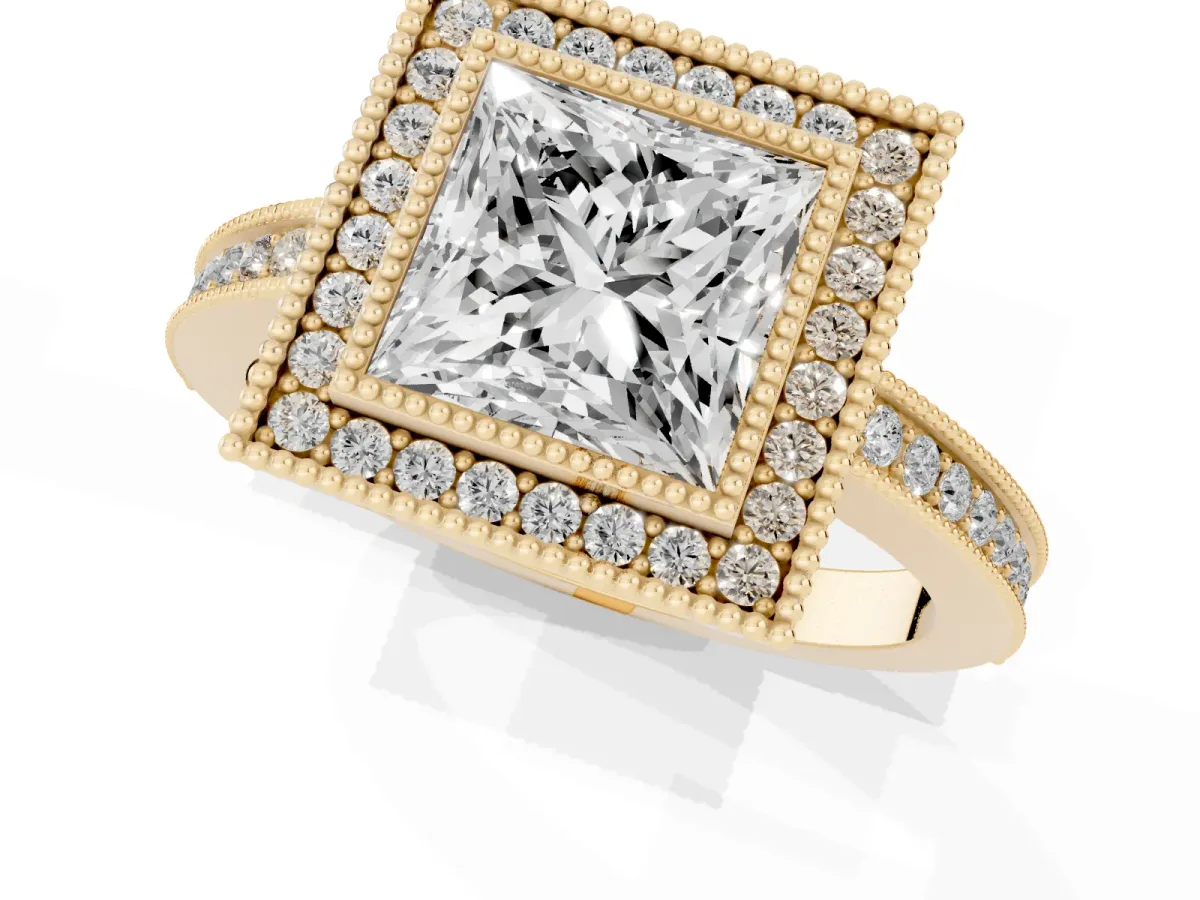 Princess Cut Cut Halo Diamond Ring with Pavé Band and Milgrain Prong Setting Yellow gold