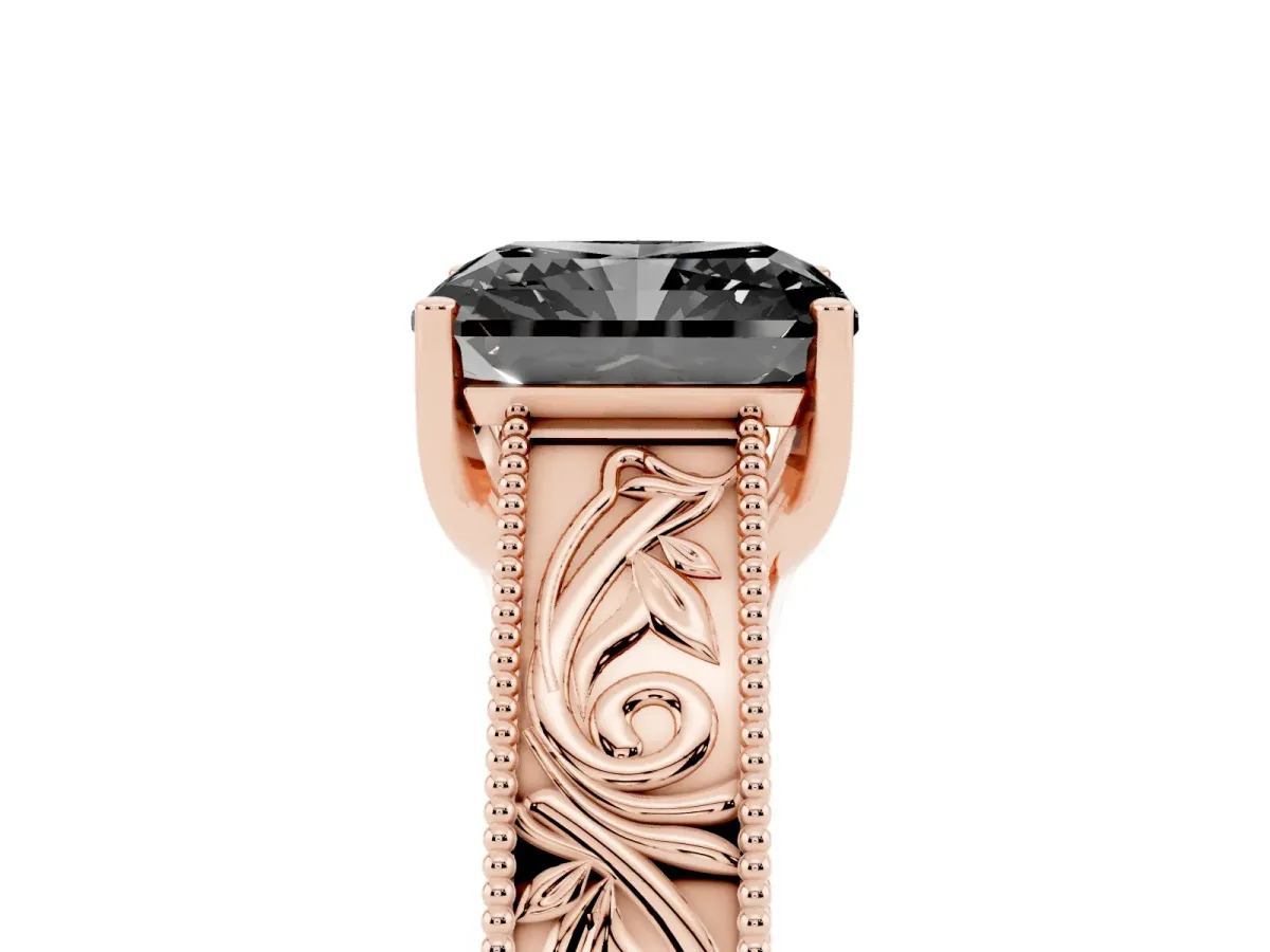 Fancy Black Radiant Cut Diamond Solitaire Ring with Engraved Band and Four-Prong Setting Rose gold