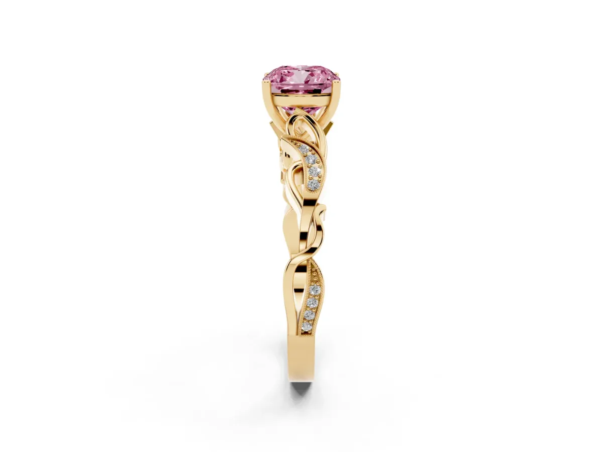 Fancy Pink Cushion Cut Solitaire Vine Band with Milgrain Prong Setting Yellow gold