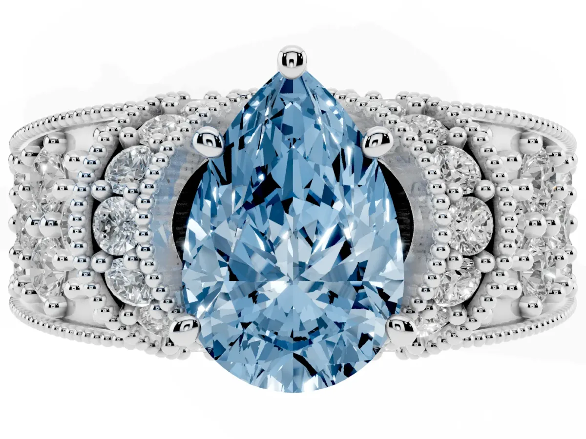 Fancy Blue Pear Cut Halo Pave Diamond Engagement Ring with Milgrain Detailing Platinum