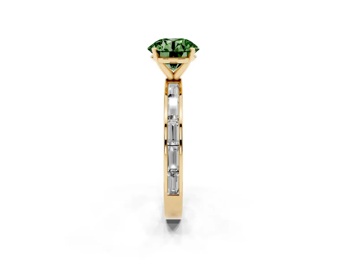 Fancy Green Round Cut Solitaire Diamond Ring with Channel-Set Baguette Band and Four-Prong Setting Yellow gold