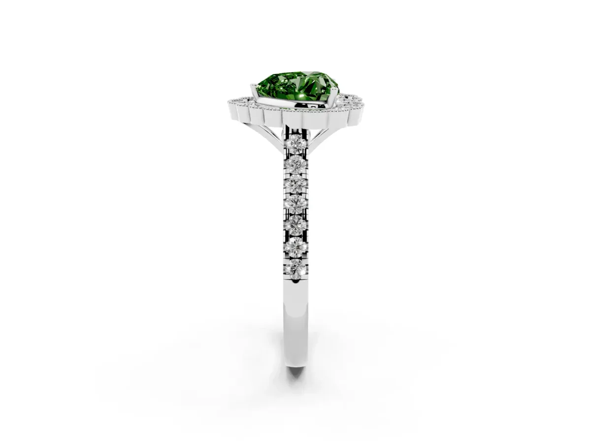 Fancy Green Heart Cut Cut Diamond Milgrain Floral Halo Engagement Ring with Pavé Band White gold