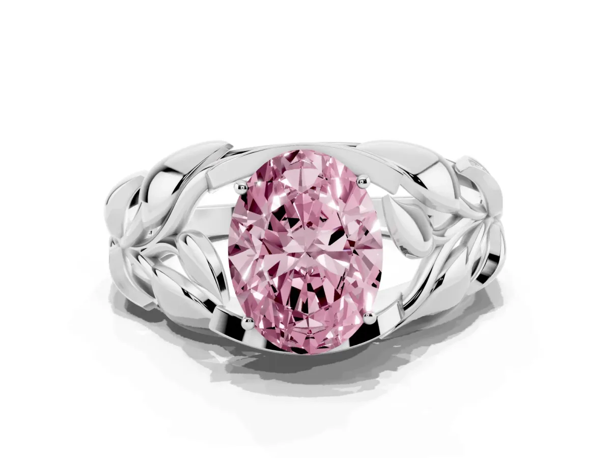 Fancy Pink Oval Cut Diamond Leaf-Inspired Engagement Ring with Round Accents and Prong Setting Silver