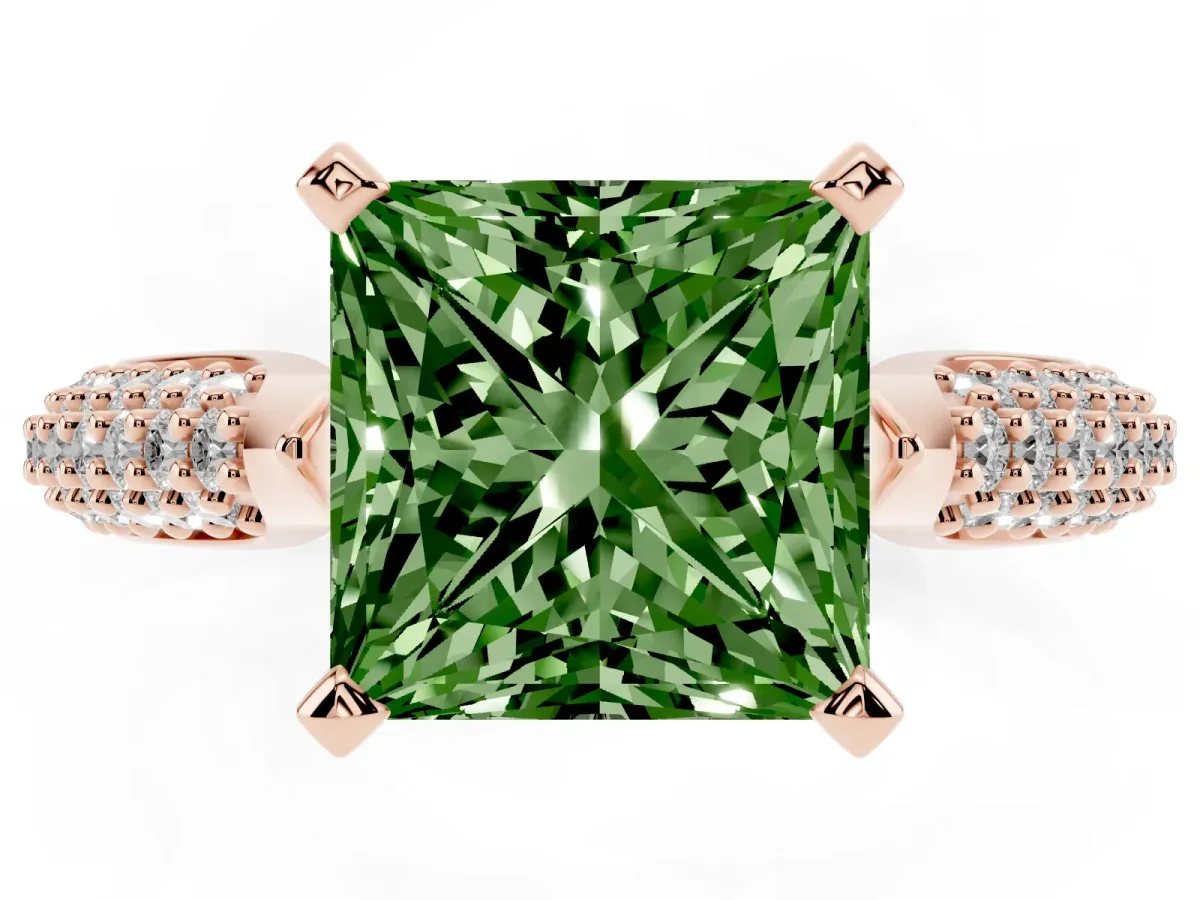 Fancy Green Princess Cut Diamond Solitaire Engagement Ring with Multi-Row Round Pavé Band and Prong Setting Rose gold