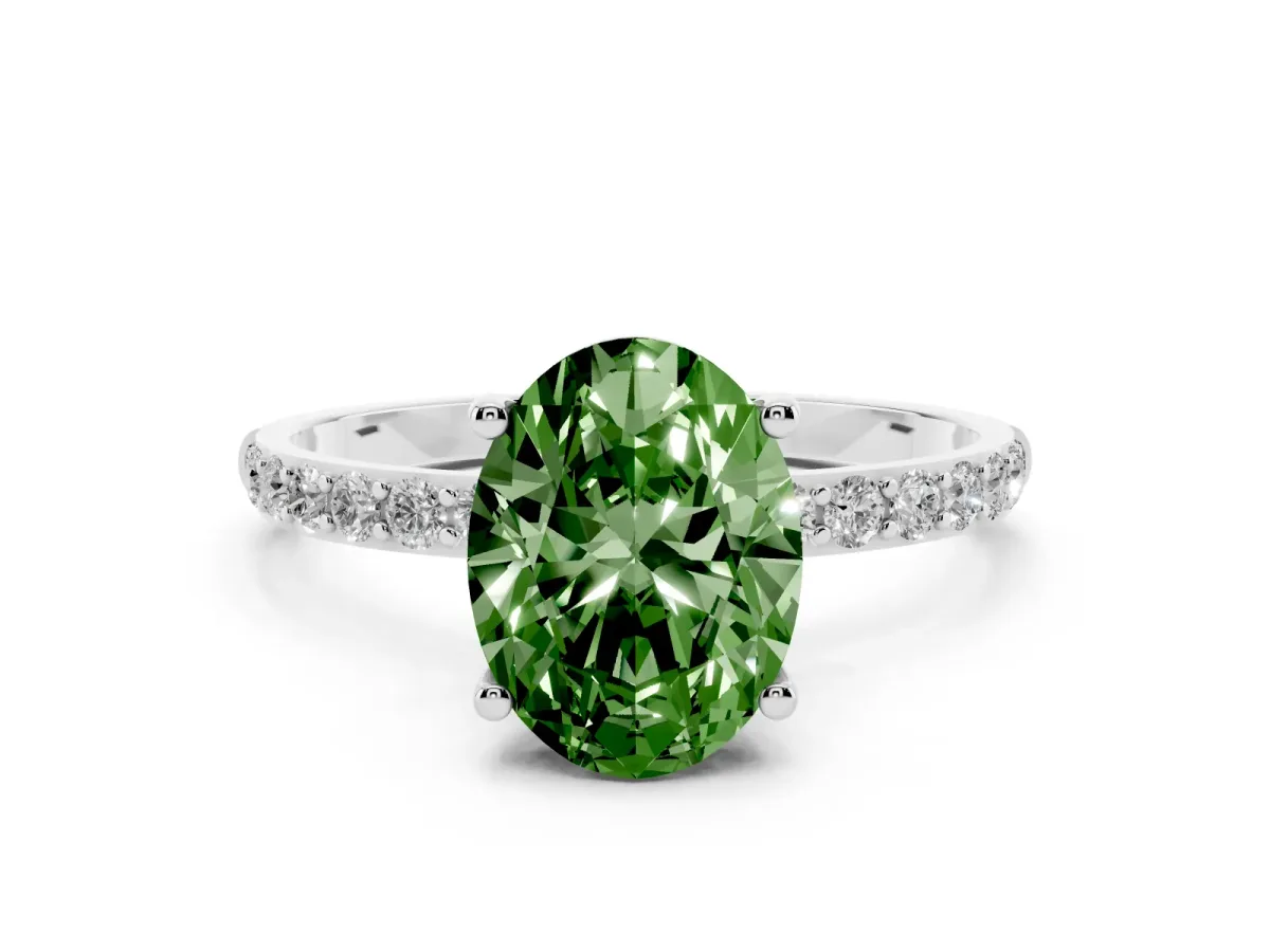 Fancy Green Oval Cut Diamond Solitaire Ring with Round Pavé Shoulders and Prong Setting Silver