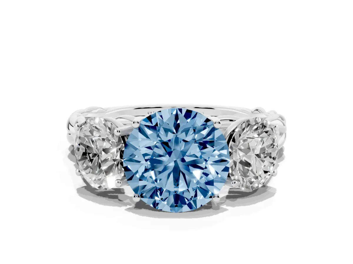 Fancy Blue Three-Stone Round Cut Diamond Braided Band Ring with Four-Prong Setting Platinum