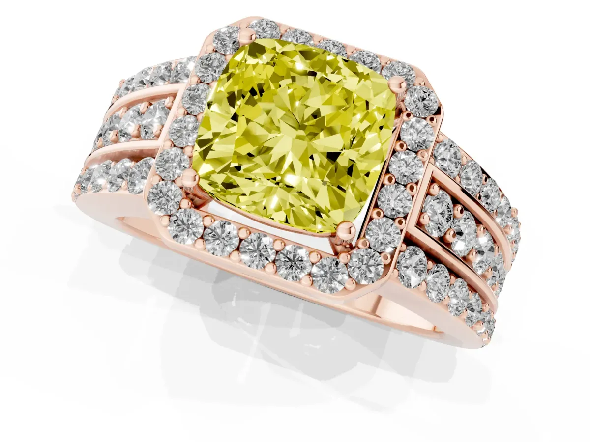 Fancy Yellow Cushion Cut Halo Diamond Ring with Round Split Shank and Prong Setting Rose gold