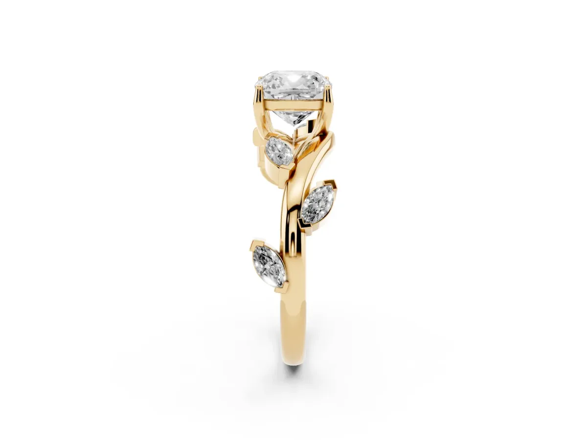 Cushion Cut Solitaire Twisted Band Marquise Accent Prong Setting Ring Yellow gold