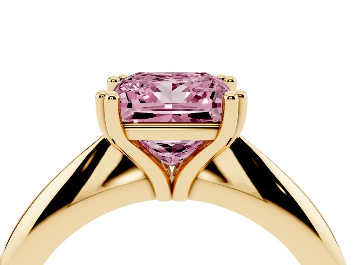 Fancy Pink Princess Cut Cut Solitaire Engagement Ring with Tapered Band and Four-Prong Setting Yellow gold