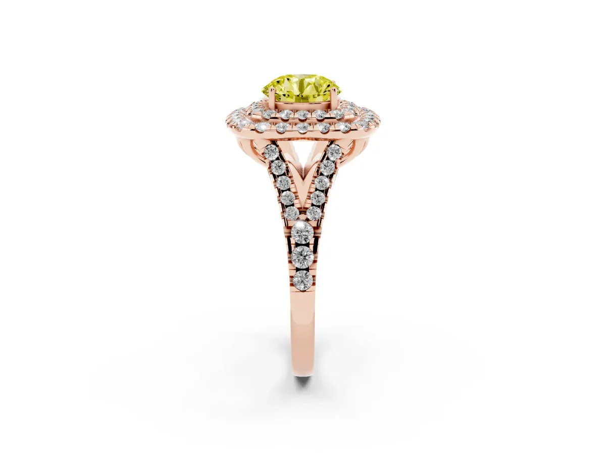 Fancy Yellow Double Halo Round Cut Diamond Pavé Split Shank Ring with Prong Setting Rose gold