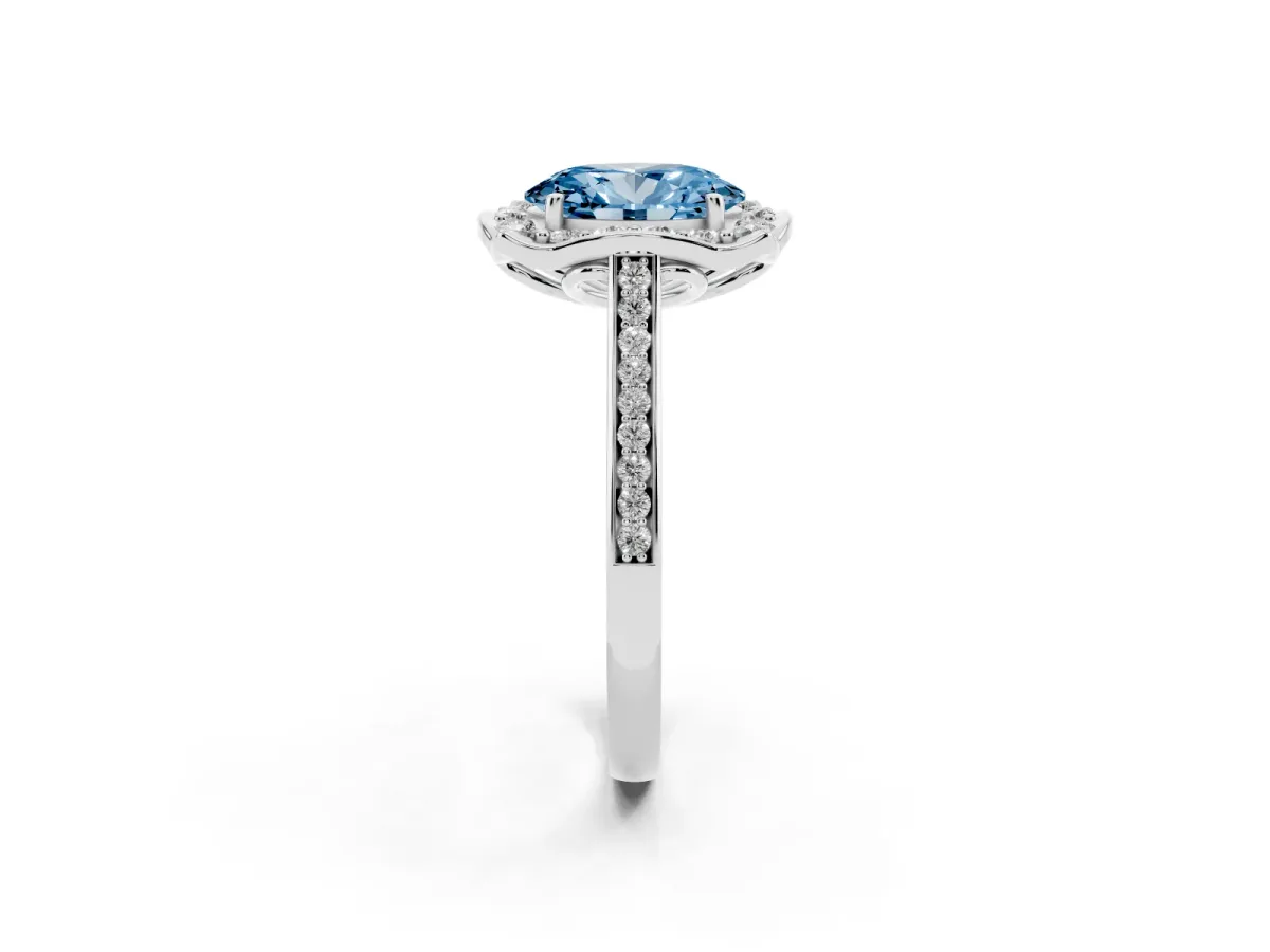 Fancy Blue Oval Cut Halo Round Diamond Pave Band with Four-Prong Setting Silver