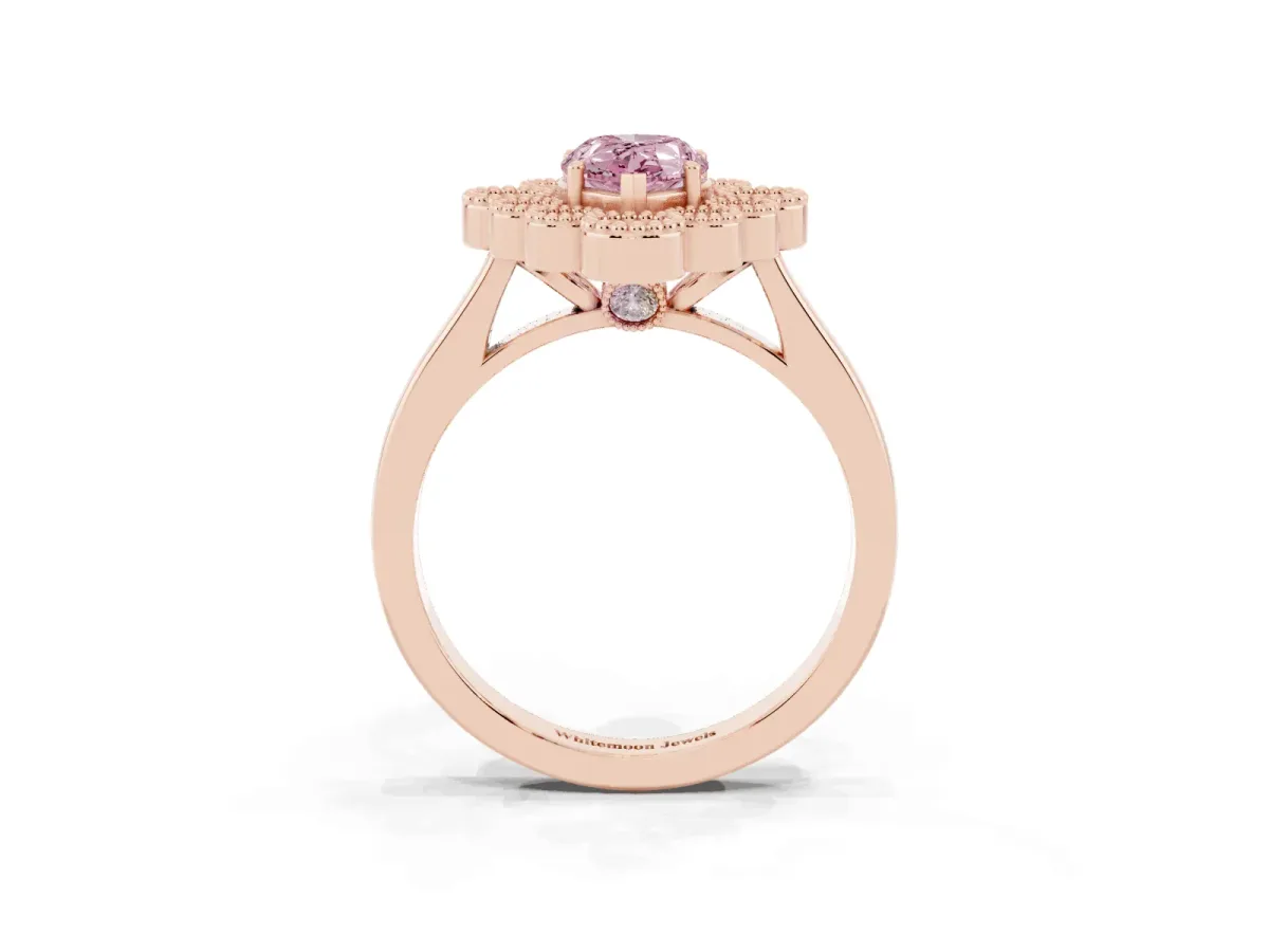 Fancy Pink Pear Cut Halo Diamond Cluster Engagement Ring with Milgrain Bezel Setting and Solitaire Band Rose gold