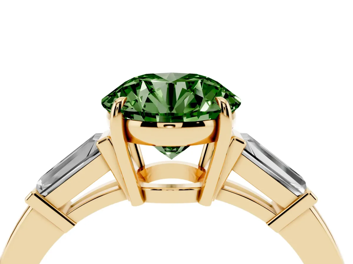 Fancy Green Round Cut Diamond Three-Stone Ring with Tapered Baguette Side Stones and Prong Setting Yellow gold