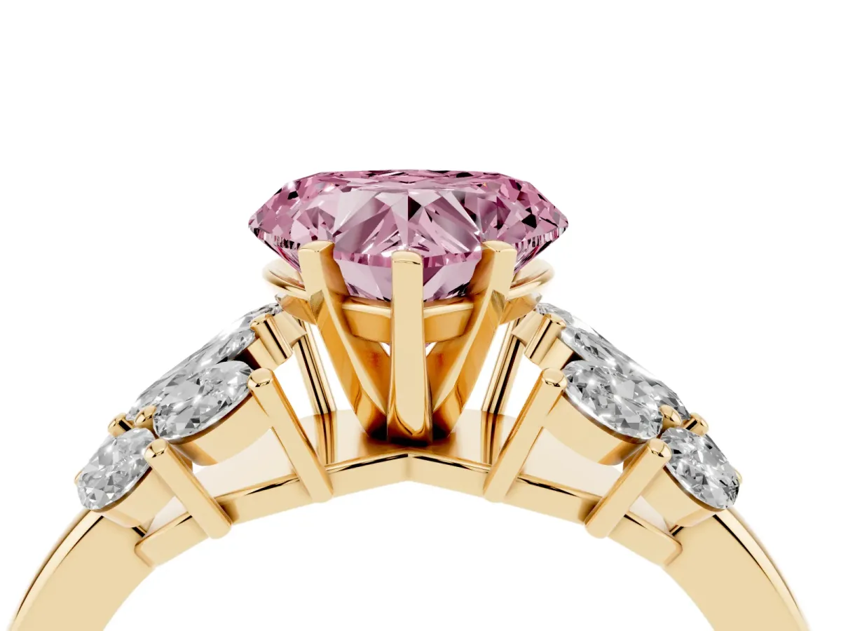 Fancy Pink Heart Cut Diamond Cluster Leaf Design Ring with Prong Setting Yellow gold