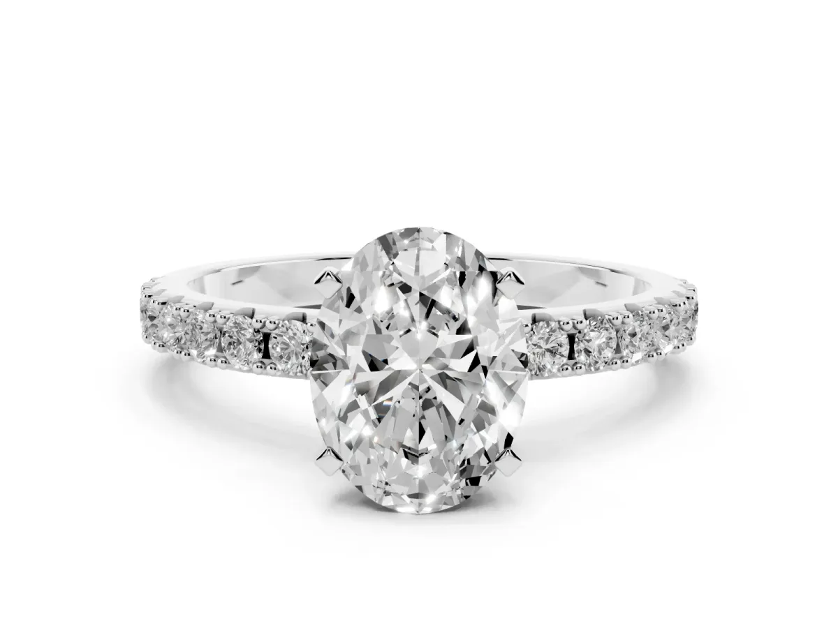 Oval Cut Diamond Solitaire Pavé Band with Four-Prong Setting Silver