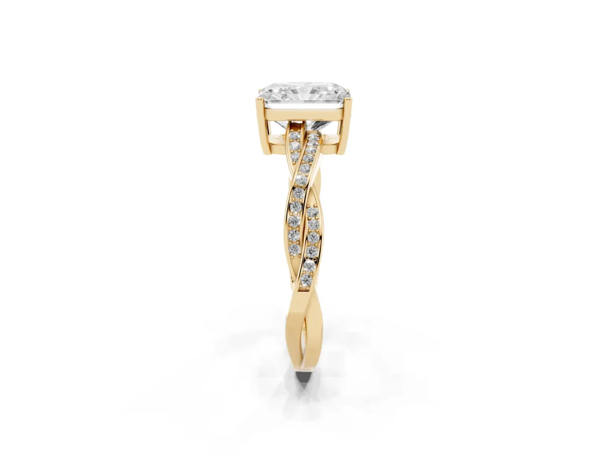 Radiant Cut Solitaire Twisted Pave Diamond Ring with Four-Prong Setting Yellow gold