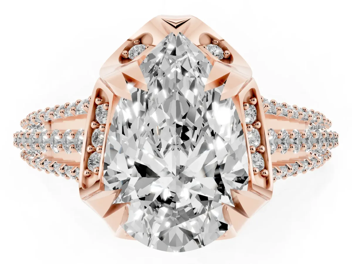 Pear Cut Solitaire Pave Split Shank Ring with Four-Prong Setting Rose gold