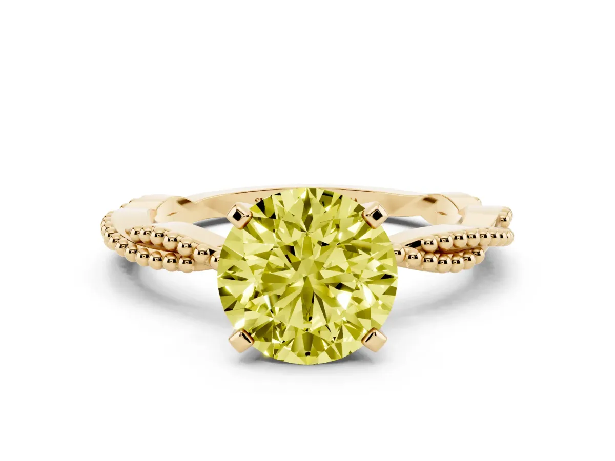 Fancy Yellow Round Cut Solitaire Twisted Band with Bead Prong Setting Yellow gold