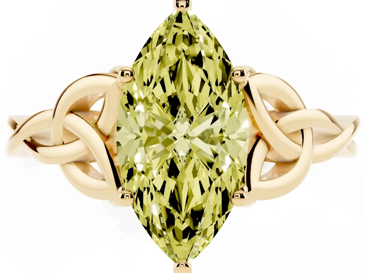 Fancy Yellow Marquise Cut Diamond Solitaire Engagement Ring with Celtic Knot Band and Four-Prong Setting Yellow gold