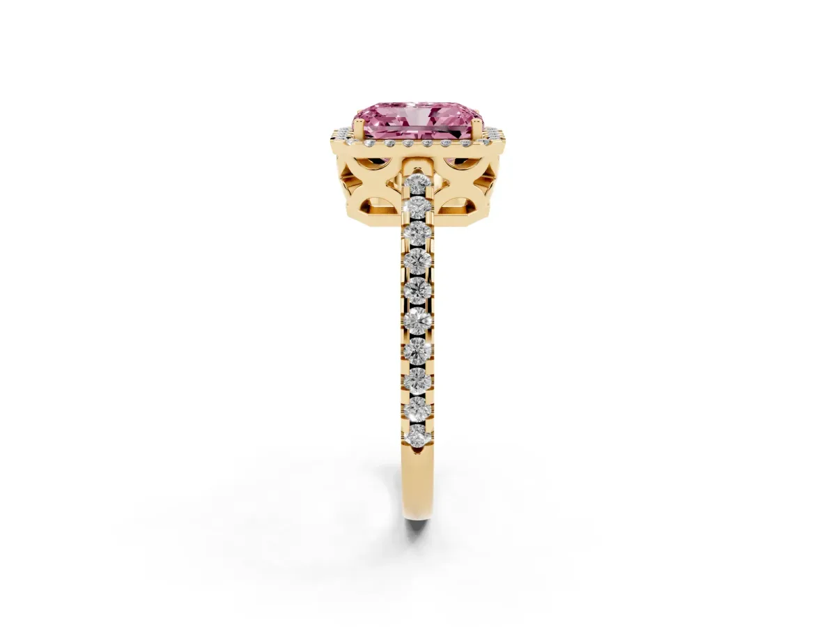 Fancy Pink Radiant Cut Diamond Halo Engagement Ring with Pavé Band and Prong Setting Yellow gold