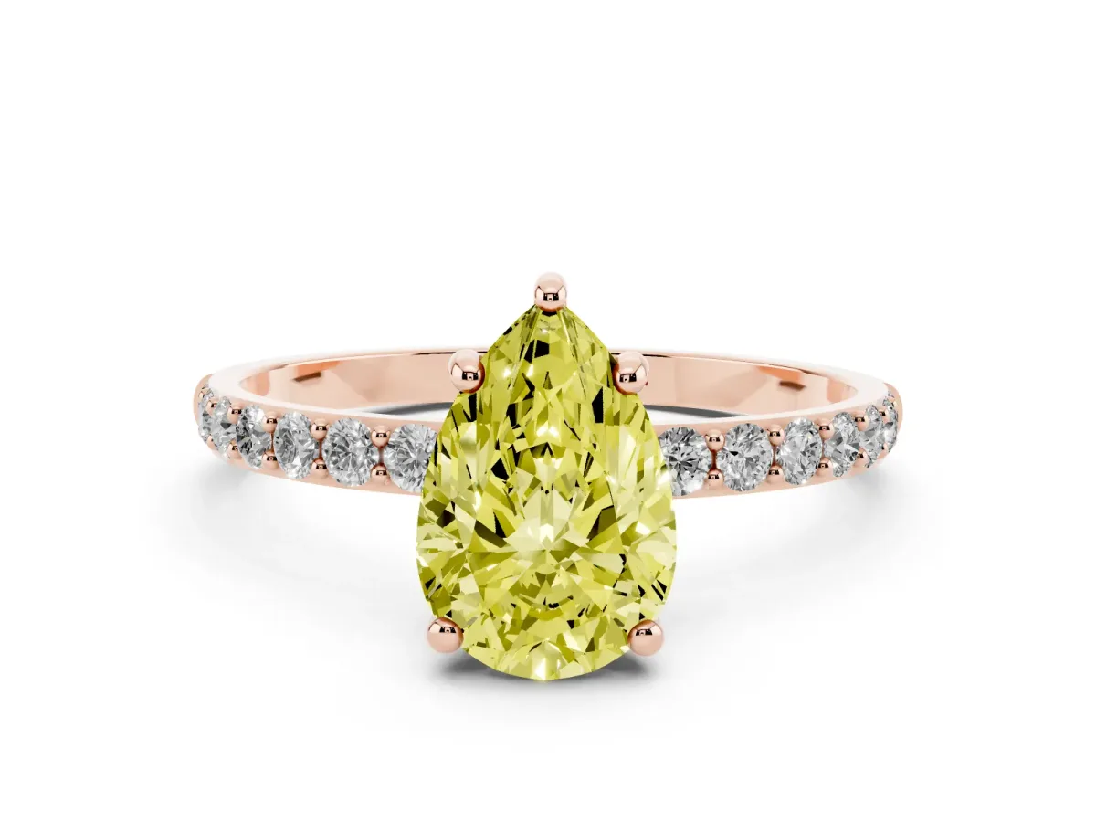 Fancy Yellow Pear Cut Diamond Solitaire Ring with Round Pavé Band and Prong Setting Rose gold