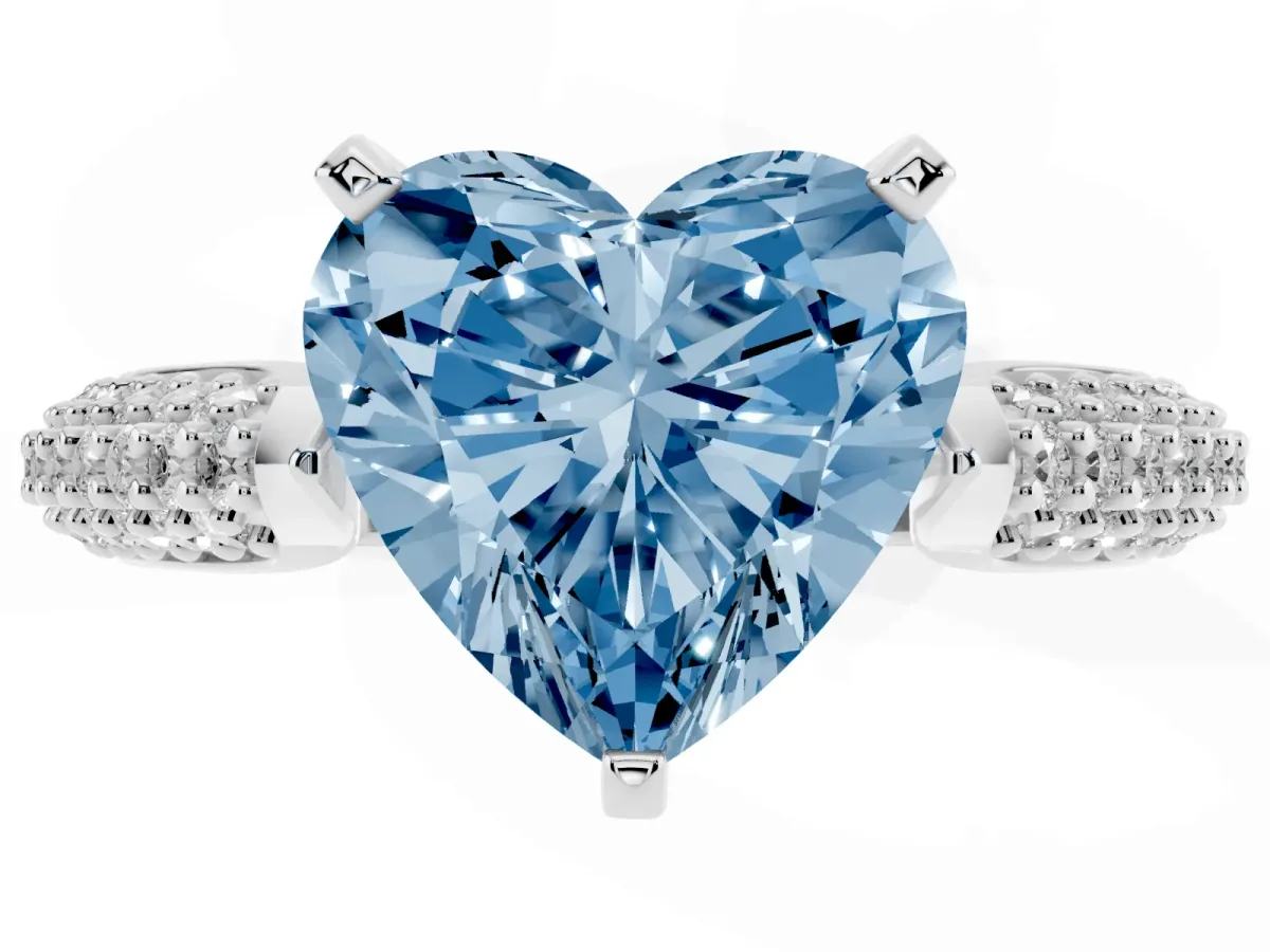 Fancy Blue Heart Cut Diamond Solitaire Engagement Ring with Multi-Row Round Pavé Band and Prong Setting Silver