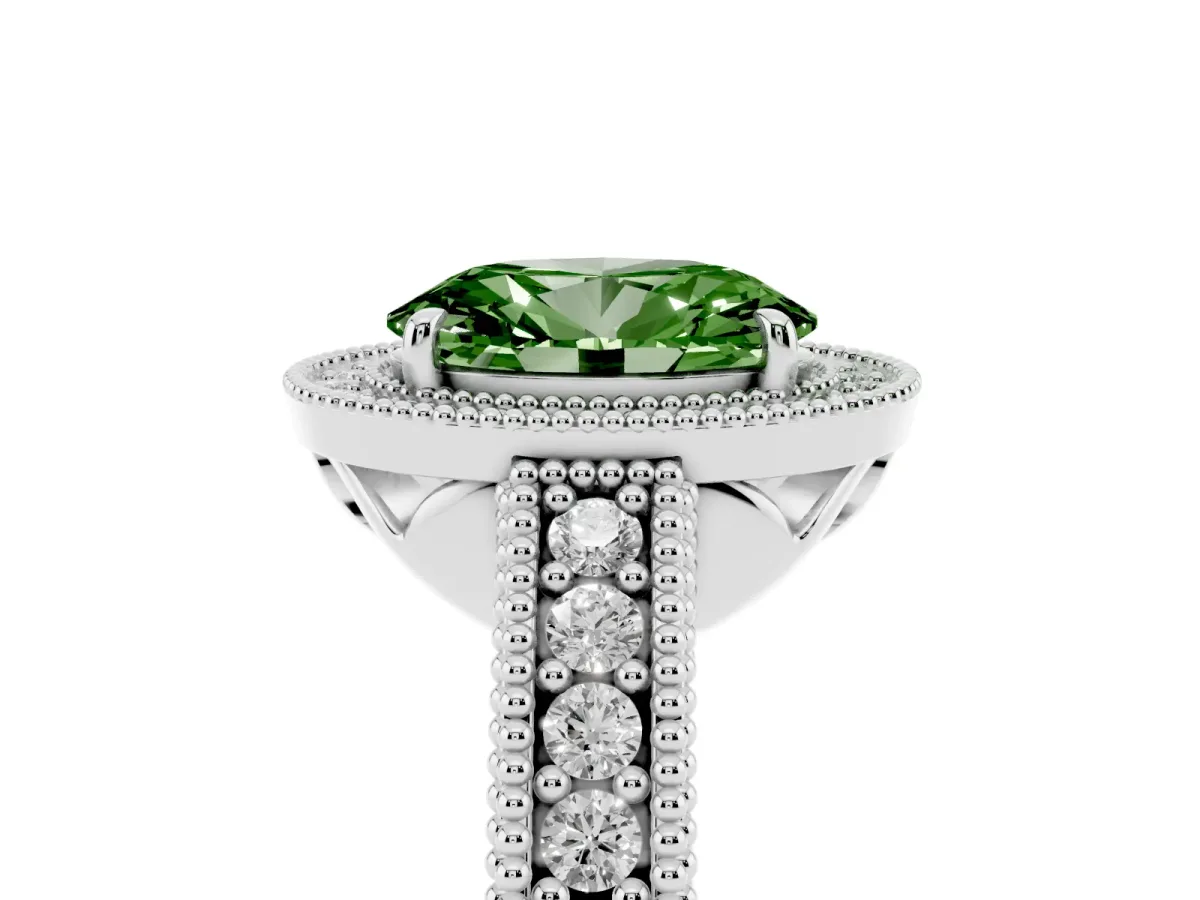 Fancy Green Oval Cut Cut Halo Diamond Ring with Pavé Band and Four-Prong Setting Silver