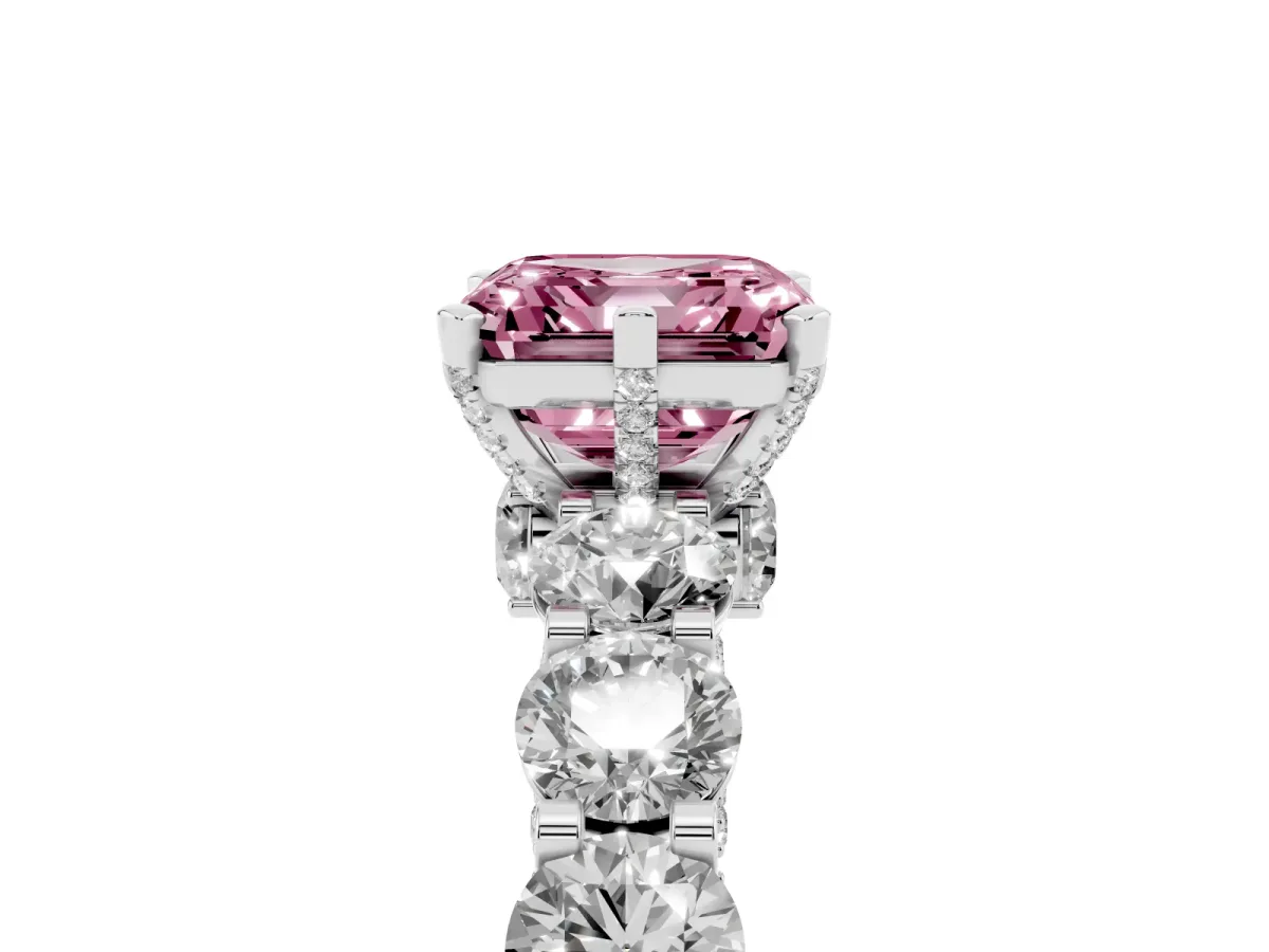 Fancy Pink Asscher Cut Diamond Side Stone Engagement Ring with Four-Prong Setting Platinum