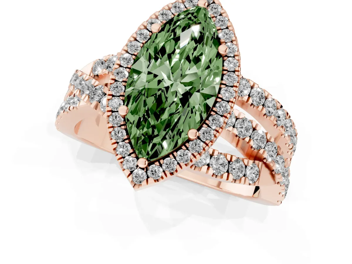 Fancy Green Marquise Cut Diamond Halo Ring with Round Split Shank and Prong Setting Rose gold