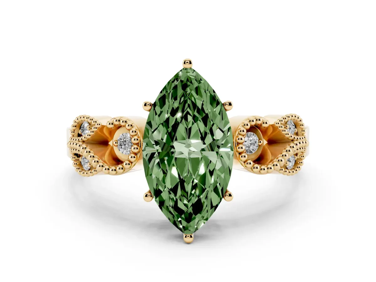 Fancy Green Marquise Cut Solitaire Milgrain Leaf Band with Prong Setting Yellow gold