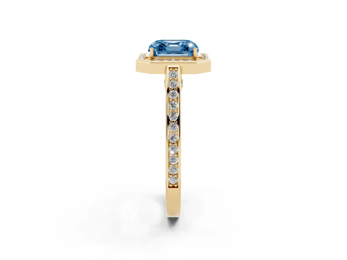Fancy Blue Asscher Cut Cut Halo Pave Split Shank Prong Setting Ring Yellow gold